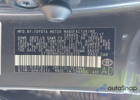2017 Toyota Corolla Le from USA, damaged, VIN 2T1BURHE0HC858135